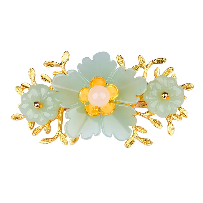 그린 옥 플라워 바렛 디자이너 머리핀, 18K 골드 도 - Gold Plated Jewelry 리뷰 및 가격